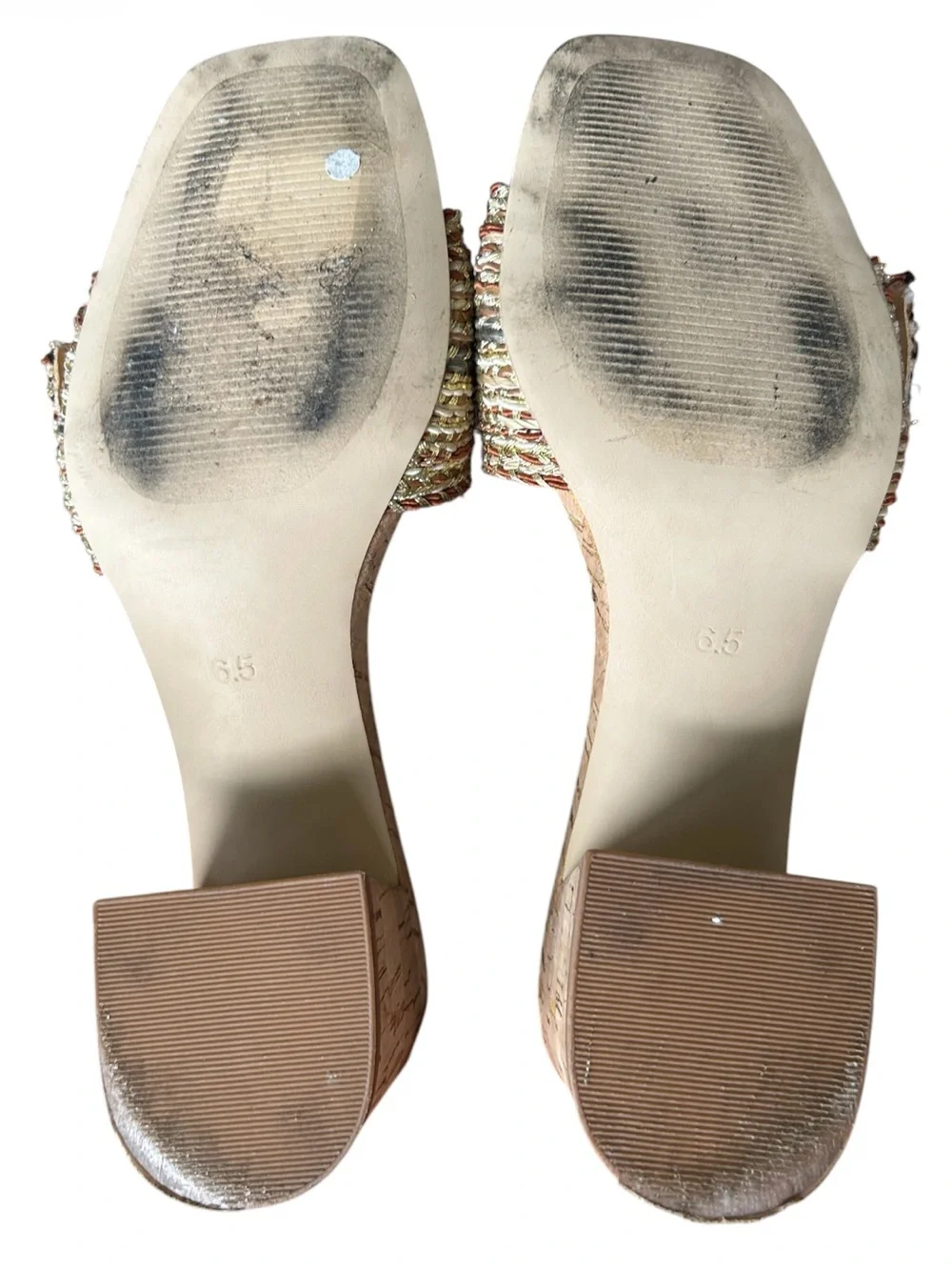 Steve Madden Seacrest Gold Multi Raffia Cork Block Heel Sandals Excellent 6.5